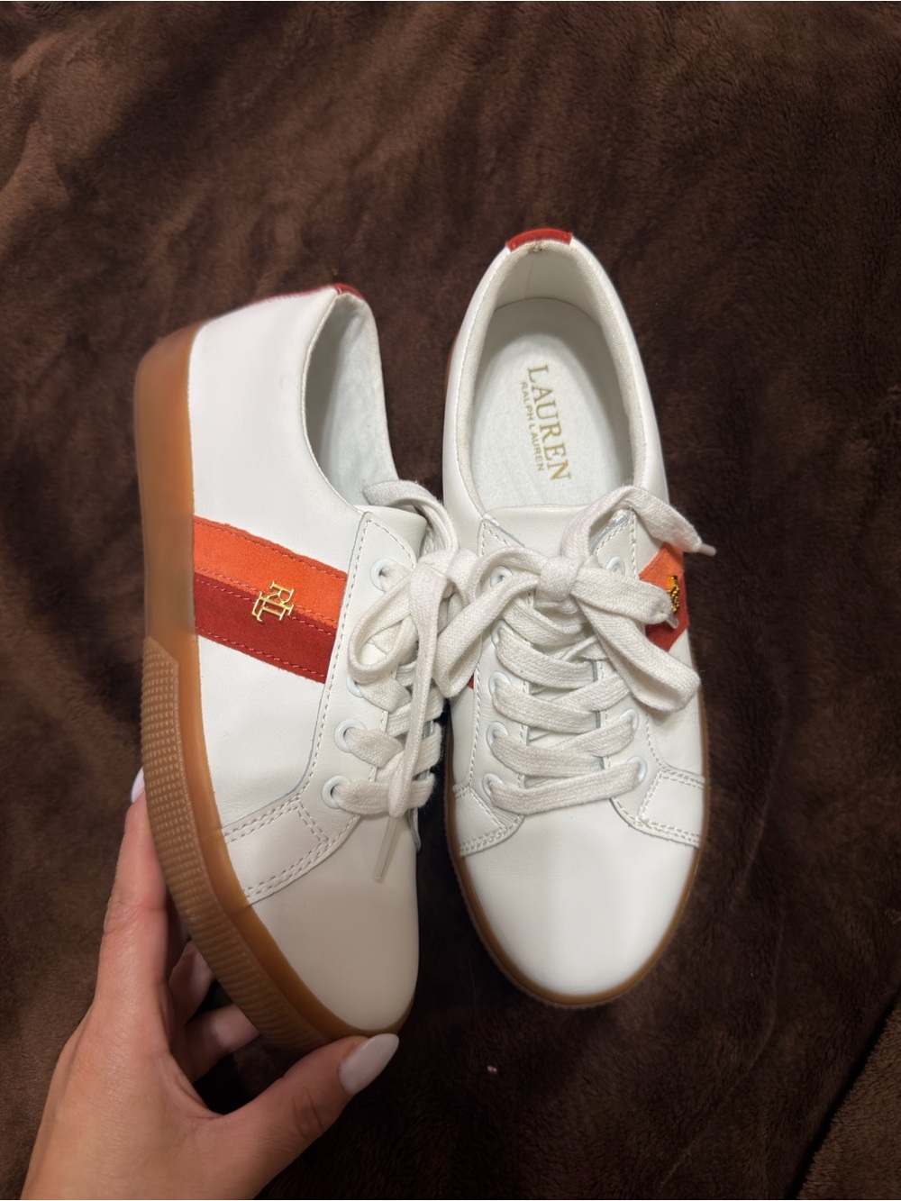 Lauren Ralph Lauren White Low-Top Sneakers with Orange and Red Stripes